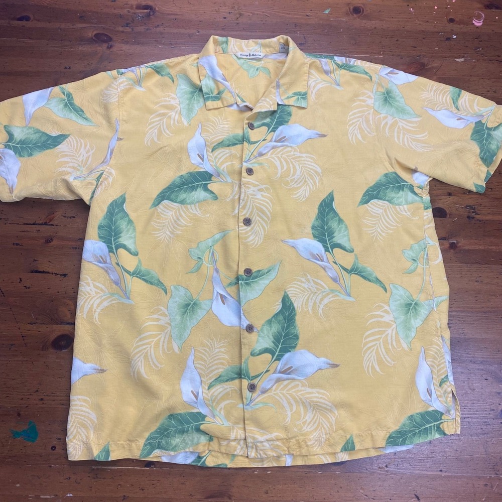 Tommy Bahama 100% Silk Camp‎ Shirt XL Yellow Floral Calla Lily Tropical Hawaiian
